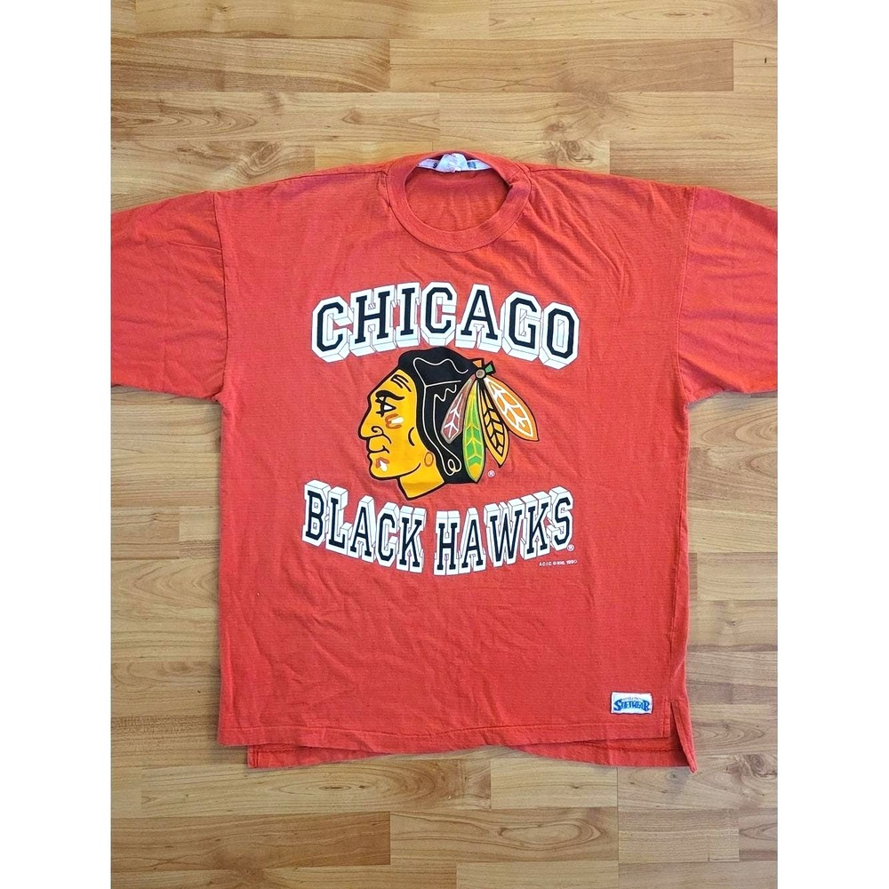 Vintage 1990 Chicago Blackhawks LARGE/XL NHL Orange Red T-shirt Made in Canada